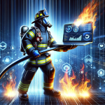 "SEO Fire Fighter in a firefighter uniform, holding a laptop displaying graphs, extinguishing digital marketing flames in a digital landscape."