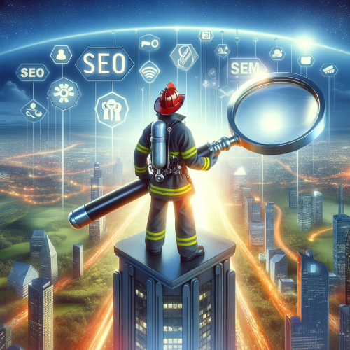  "SEO Fire Fighter standing on a skyscraper with a glowing magnifying glass, overseeing a digital cityscape."