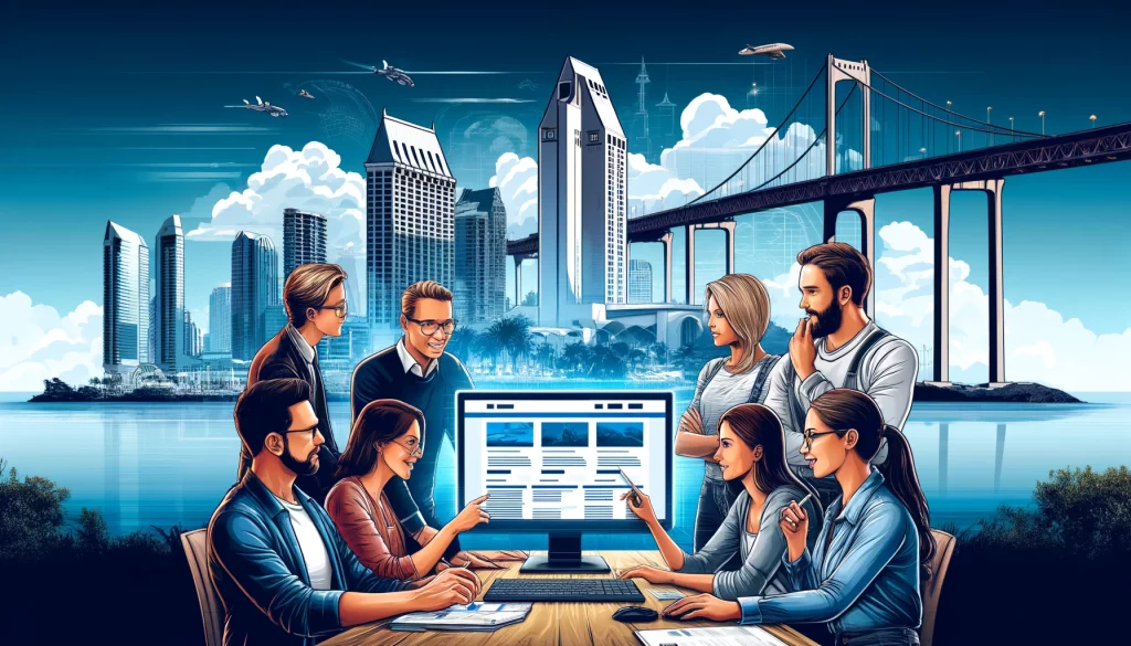 Illustration of San Diego web design experts collaborating on a large computer screen with iconic San Diego landmarks in the background.